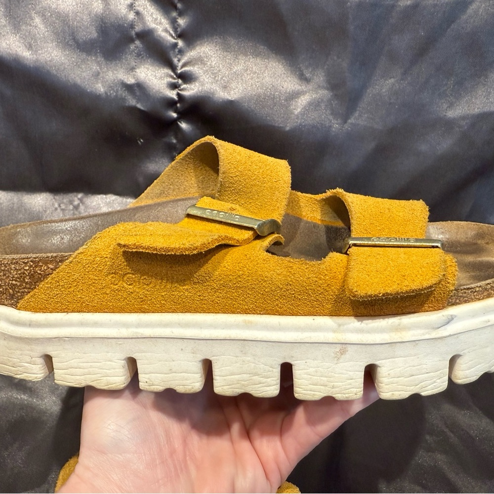 Birkenstock Papillio size 38 Suede Arizona Platform Sandals Gold Buckles w/ box - Picture 11 of 12